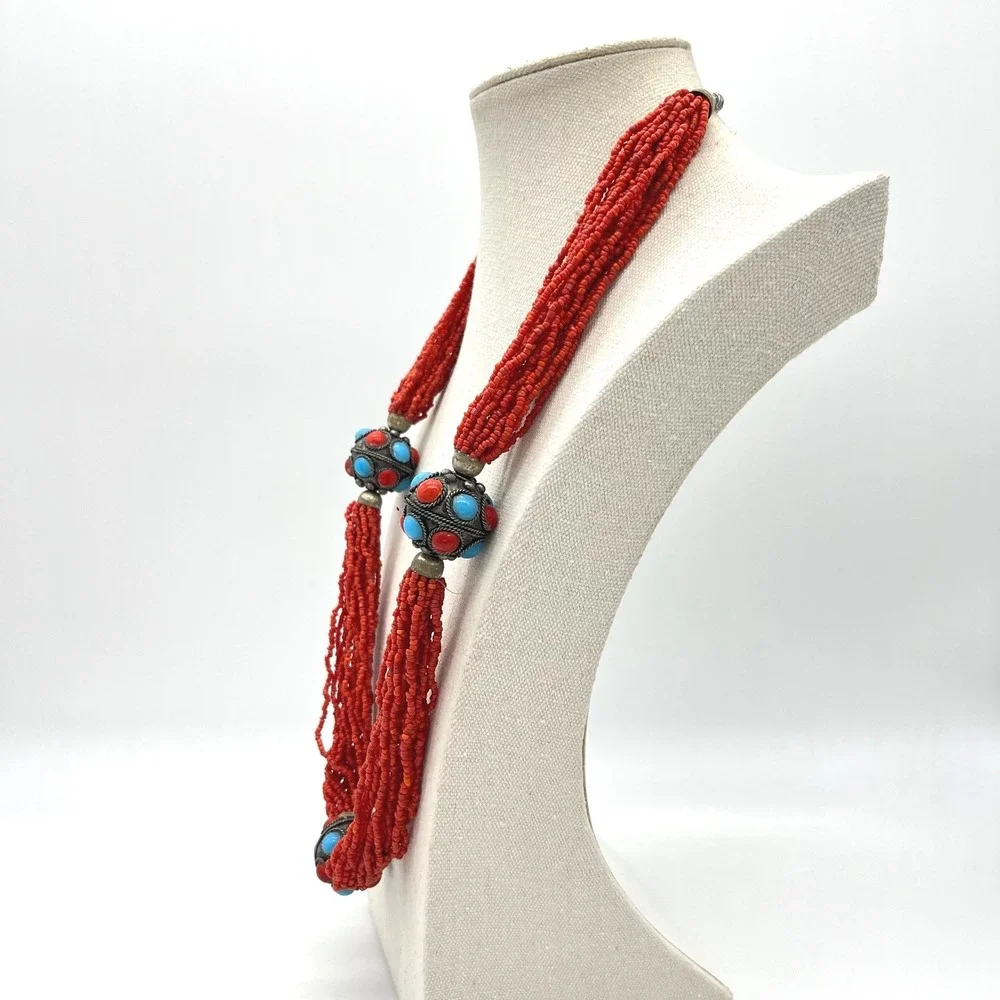 Vintage Multi Strand Red‎ Seed Bead Necklace Turquoise Filigree Statement 26in